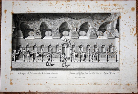Конюшни. Гравюра 1 пол. XVIII в. Германия. 47х32 см. 